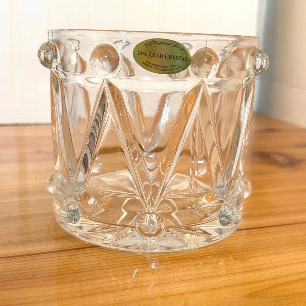 Teleflora Bohemian Lead Crystal Drum Bowl Clear Exc Czech Republic 5in Xmas Vntg